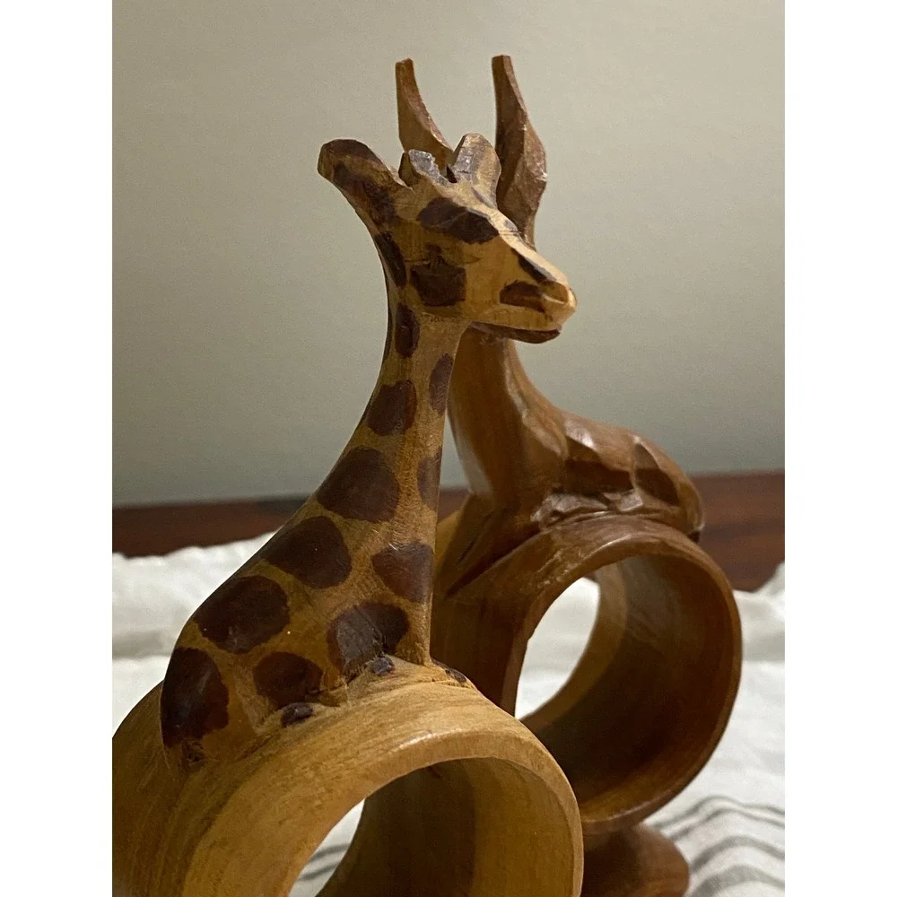 Vintage Kenya Hand Carved Wood Africa Animal Napkin Rings 4 Giraffe Lion Gazelle